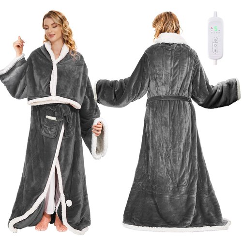 Electric Heated Blanket - Wearable Heated Blanket Throw with Foot Pockets, Sleeves Flannel & Sherpa Wearable Blanket 8 Heating Levels & Timer Snuggle Blankets for Home Office -50*60" Robes for Women