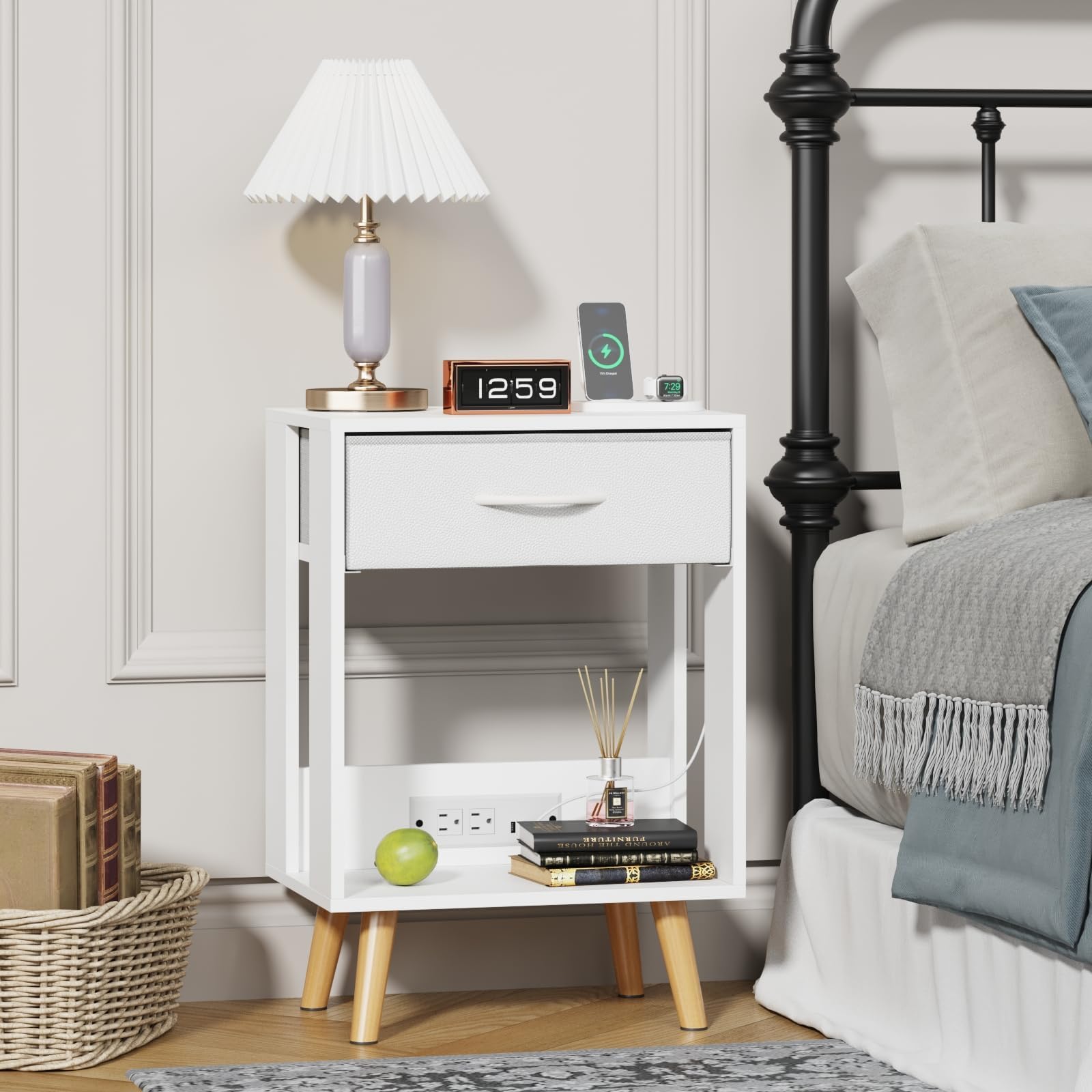 GYIIYUO Nightstand with Charging Station and Fabric Drawer, Side Table with Storage for Bedroom, Night Stand with Open Wood Shelf for Bedroom, Bedside Tables - White