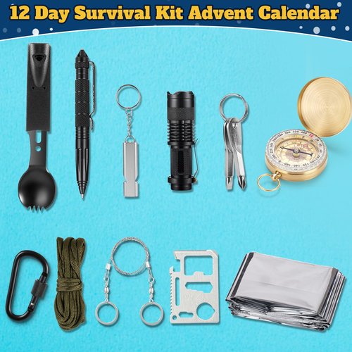 Survival Kit Advent Calendar Adult Men Teen, 12 Day Man Countdown Calendar with Survival Tool Xmas Surprise Gifts for Teen Boys Husband Brother Outdoor Enthusiasts