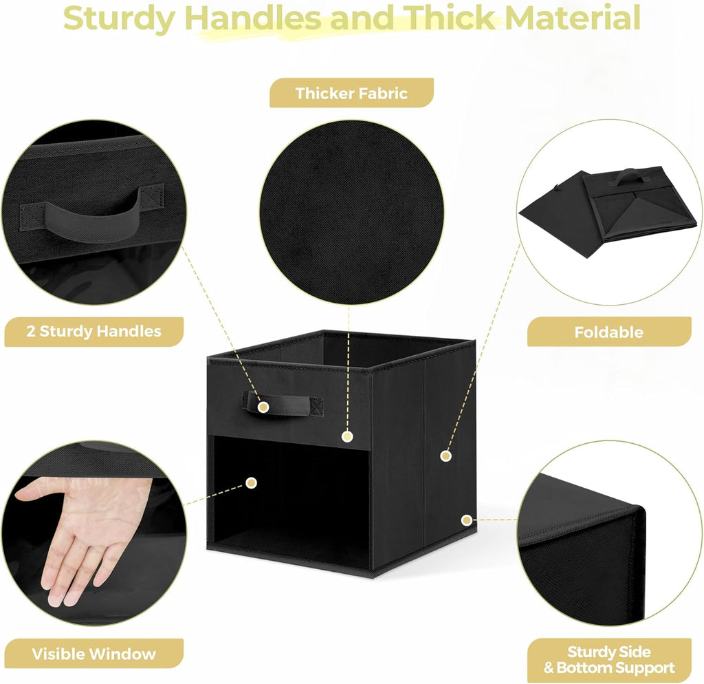 Storage Bins - 11x11 Collapsible Cube Organizers with Clear Window & Handles | Black, 12 Pack