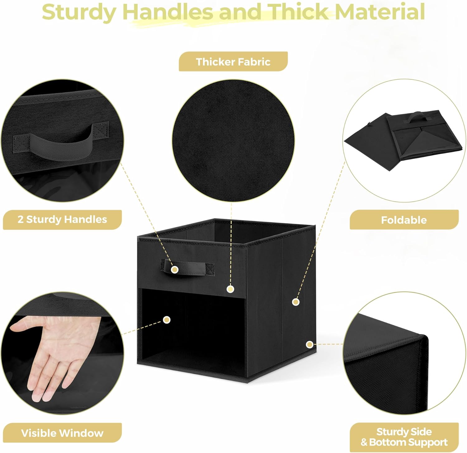 Storage Bins - 11x11 Collapsible Cube Organizers with Clear Window & Handles | Black, 12 Pack