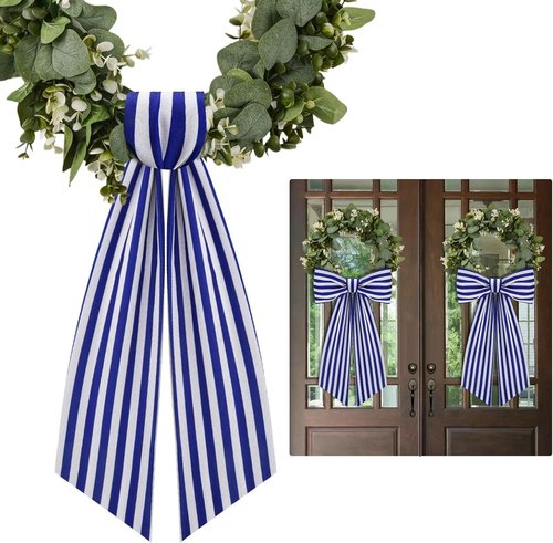 AZYM Wreath Sash Set - Elegant White and Blue Ribbon Accessories for Indoor/Outdoor Decor