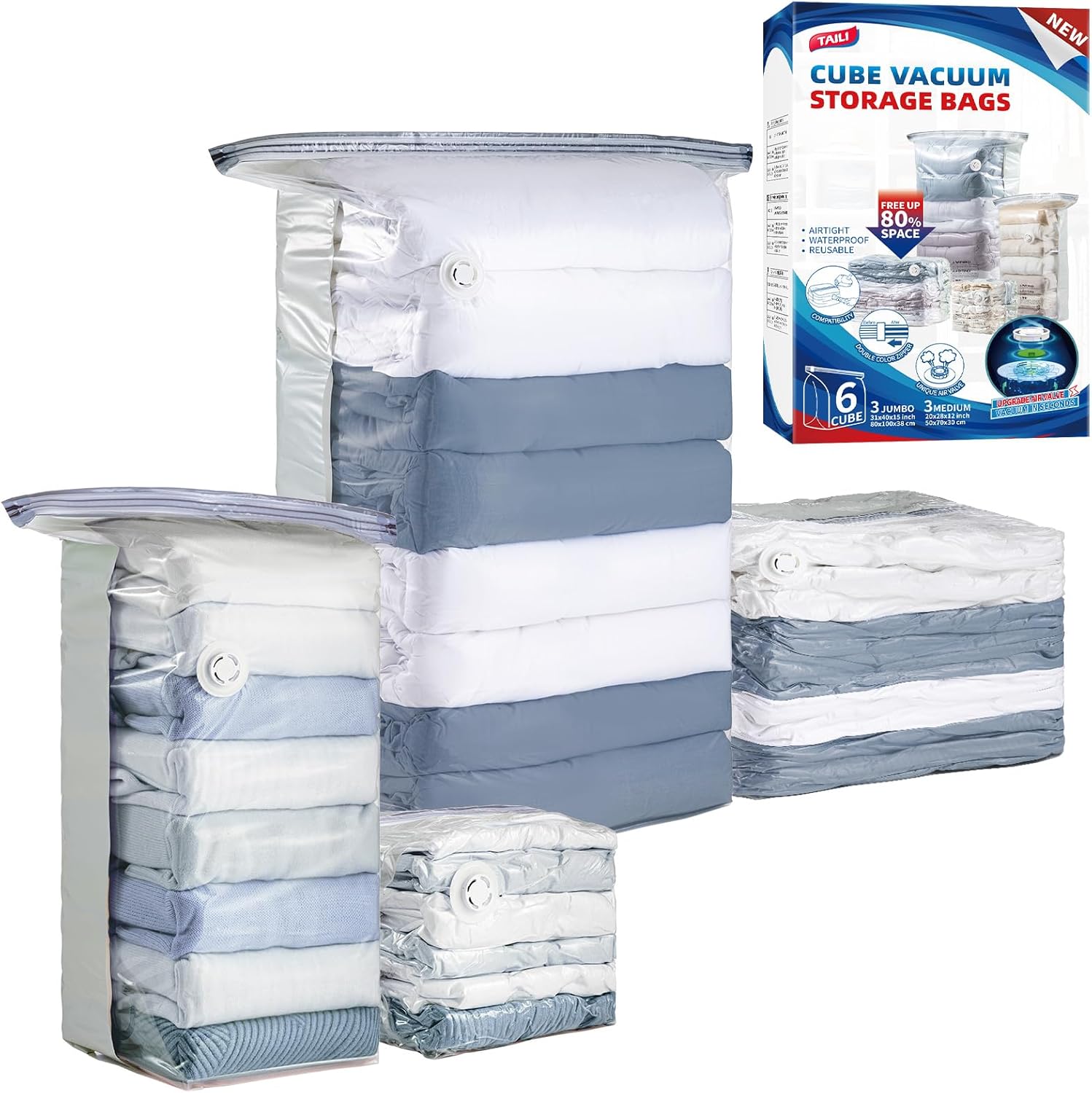 TAILI Vacuum Storage Bags - 6 Pack Combo (3 Jumbo + 3 Medium) for Bedding & Clothing Organization