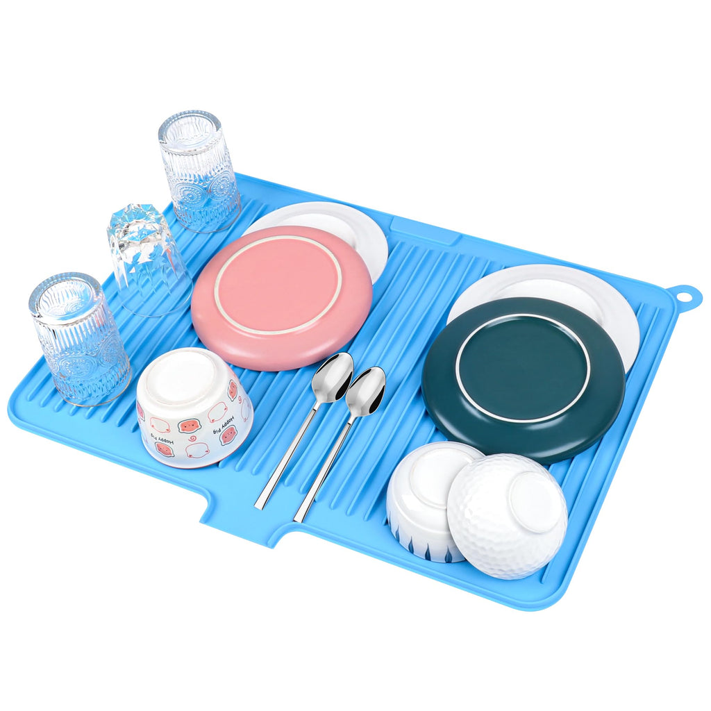 Silicone Dish Drying Mat for Kitchen Counter, Non-slip Surface and Heat-resistant Food Grade Kitchen Counter Protector with Drain Lip, Easy Clean and Storage for Multiple Usage, 23*17 inch Large Size