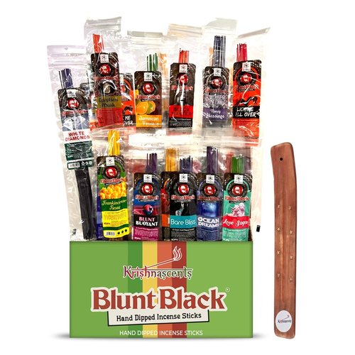 Krishnascents Blunt Black Hand-Dipped Incense Sticks | Premium 144 Packs - 12 Variety Scents, 11" Long | Aromatherapy with Long Burn Time (12 Pack, 144 Total Sticks) I Free Wooden Stick Holder