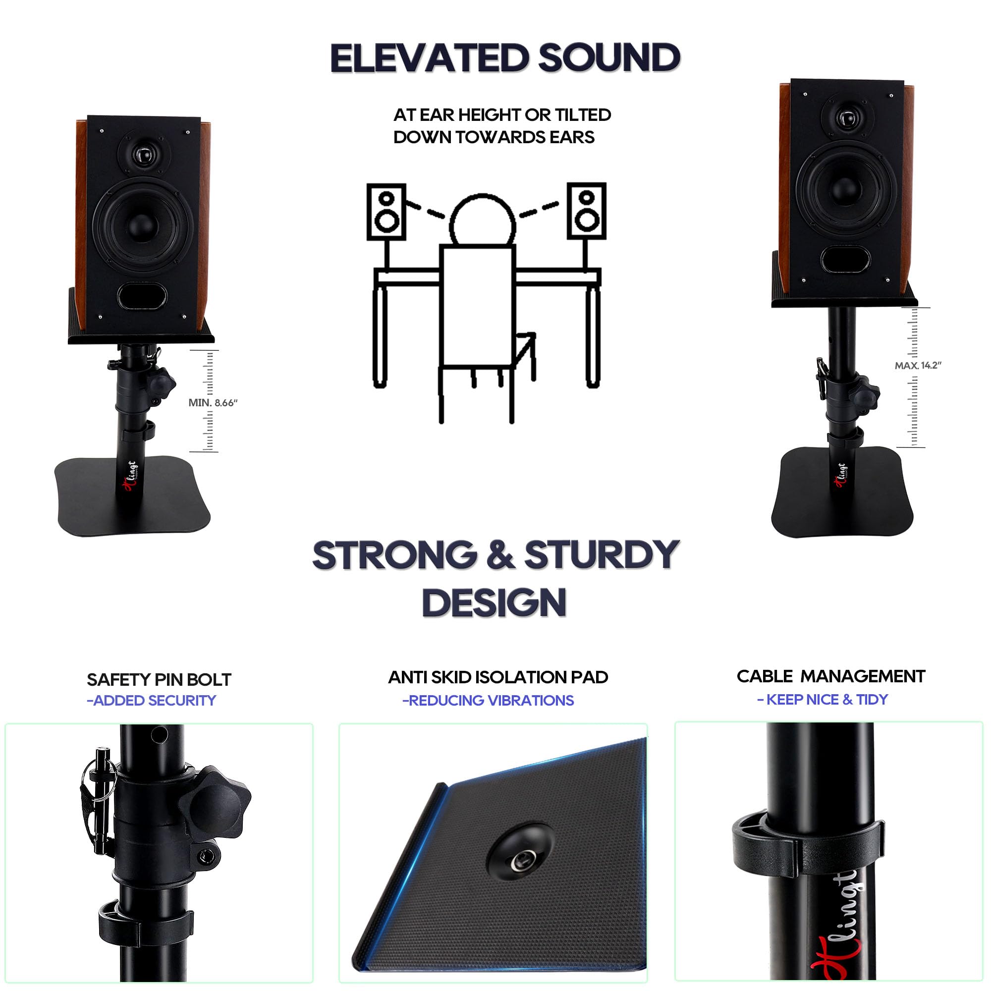 Tlingt Desktop Speaker Stands Pair, Sturdy Flat Base, Height & Tilt Adjusts