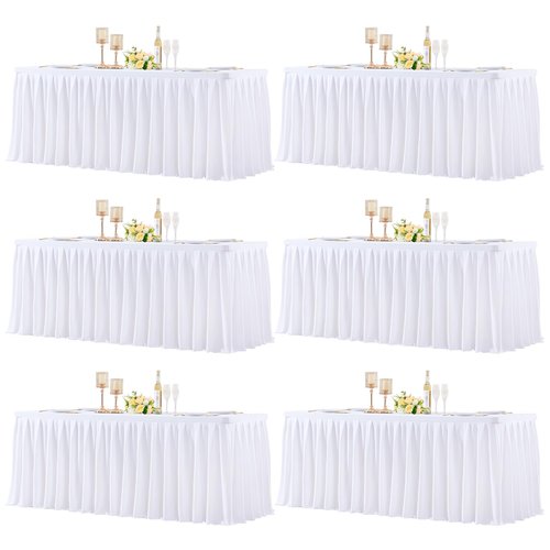 gogoparti Table Skirts for Rectangle Tables 6ft, 6 Pack White Table Covers for 6 Foot Tables Wrinkle Free Stretch Table Cloths with Pleated Skirt Fabric for Banquet, Party, Wedding
