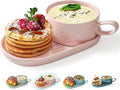 Artena Soup and Sandwich Plate Combo - 16 oz Ceramic Bowls with Handles & 9.85-inch Glazed Plates | Soft Pink