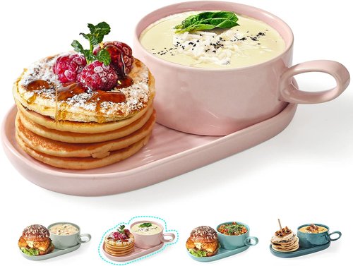 Artena Soup and Sandwich Plate Combo - 16 oz Ceramic Bowls with Handles & 9.85-inch Glazed Plates | Soft Pink