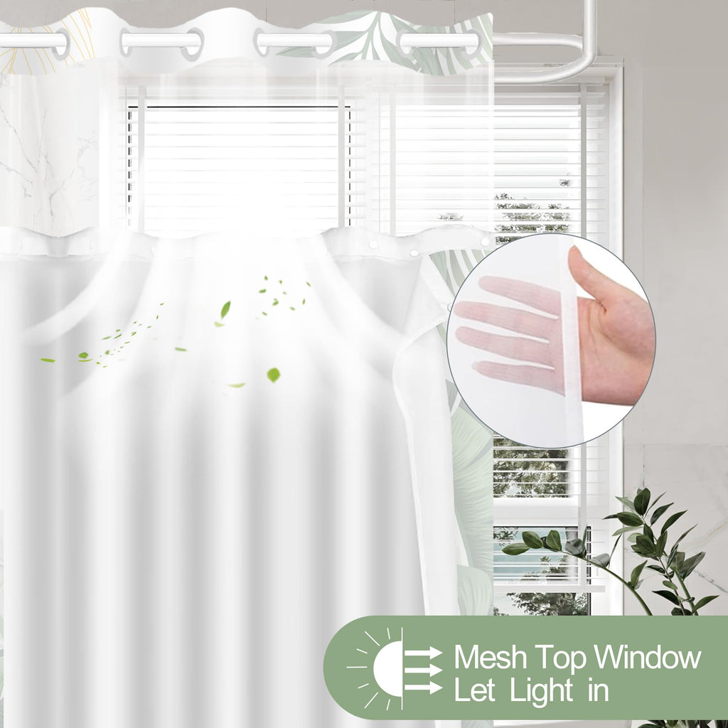 TWLSNCD No Hook Shower Curtain with Snap in Liner, Tropical Leaf Shower Curtains and Liner Set for Bathroom, Monstera Palm Leaves Floral Fabric Bath Curtain, Waterproof Washable, Green 71" x 74"