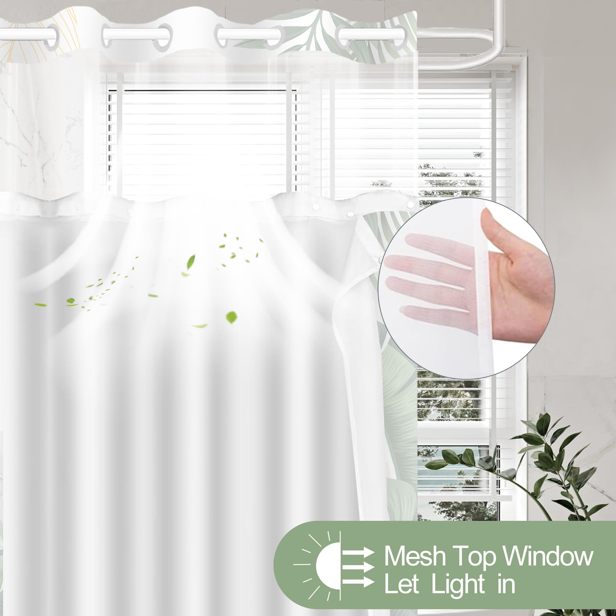TWLSNCD No Hook Shower Curtain with Snap in Liner, Tropical Leaf Shower Curtains and Liner Set for Bathroom, Monstera Palm Leaves Floral Fabric Bath Curtain, Waterproof Washable, Green 71" x 74"