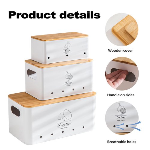 Tenforie Potato Onion and Garlic Storage Bin Set of 3, White Metal Kitchen Vegetable Canisters with Bamboo Lid and Aerating Holes, Stackable Kitchen Storage Tin for Countertop Pantry