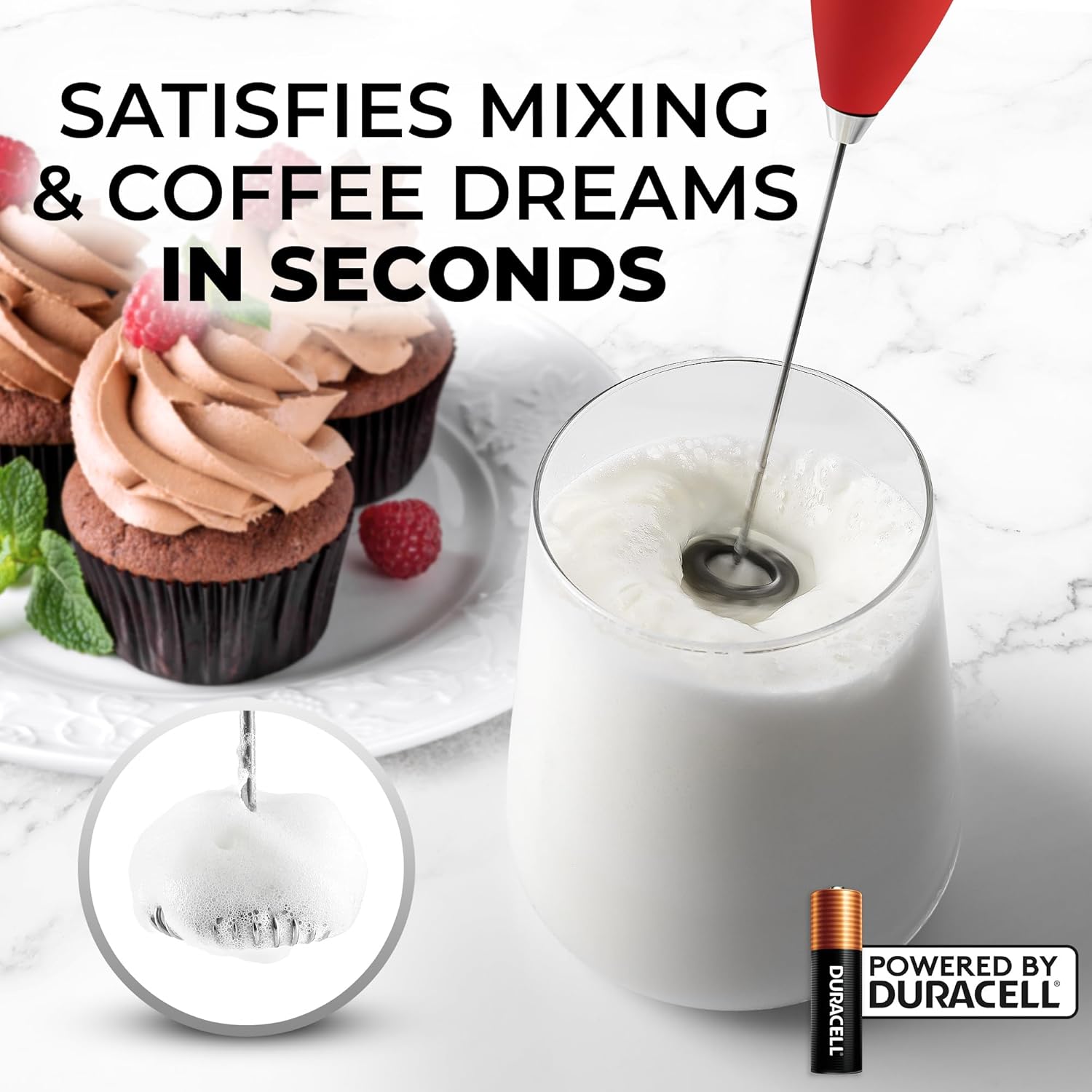 Zulay Kitchen Milk Frother Handheld Electric Whisk with AA Duracell Batteries – Durable Drink Mixer for Coffee, Lattes, Cappuccinos & More - Red