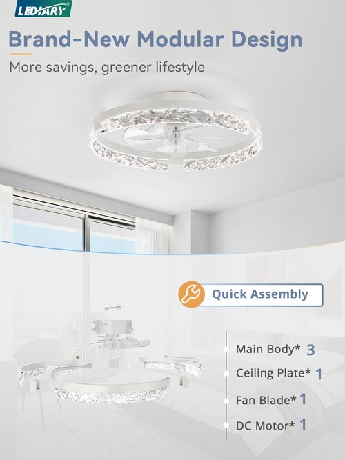 LEDIARY 20 Inch Low Profile Ceiling Fans with Lights and Remote, Fandelier Ceiling Fan Flush Mount, 3000K-6000K Dimmable LED Fan Light, White Modern Ceiling Fans with Lights for Bedroom