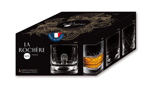 La Rochere Dandy Whiskey Glasses Set of 4 – French Pressed Glass Whiskey Tumblers with Symbolic Designs of Scotland, Ireland, USA & Japan – Authentic French Craftsmanship for Spirits Rituals (10 oz)