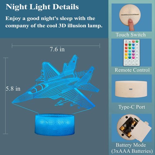 POSSHE Warplane Night Light, Airplane Gifts, Aviation 3D Illusion Night Light with 16 Colors Changing, Remote Control with Timer, Fighter Kids Room Decoration for Holiday Birthday Christmas