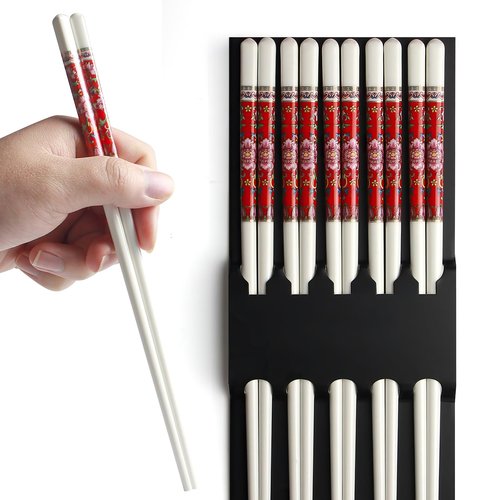 IQCWOOD Chopsticks Reusable, 5 Pairs Bone China Ceramic Chopsticks, Dishwasher Safe, Classic Chinese Style Chop Sticks Gift Sets, 9.5 Inch/24cm