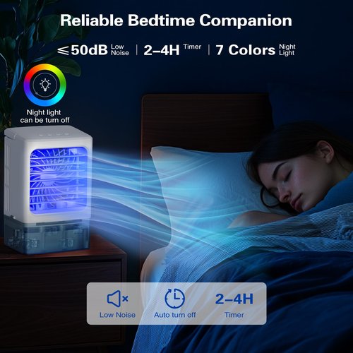 BriteZen Portable Air Conditioners, 3 Wind Speed with Icy Mist Mode Portable AC Unit, 900ML Tank Evaporative Air Cooler Fan Blow Cold Air, Mini Cooling Fan with 2/4H Timer 7 Lights for Bedroom Office