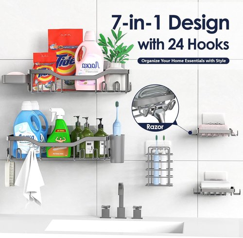 NESOMI Shower Caddy - Adhesive Bathroom Organizer with Rustproof Stainless Steel | 7-Pack, Large Capacity