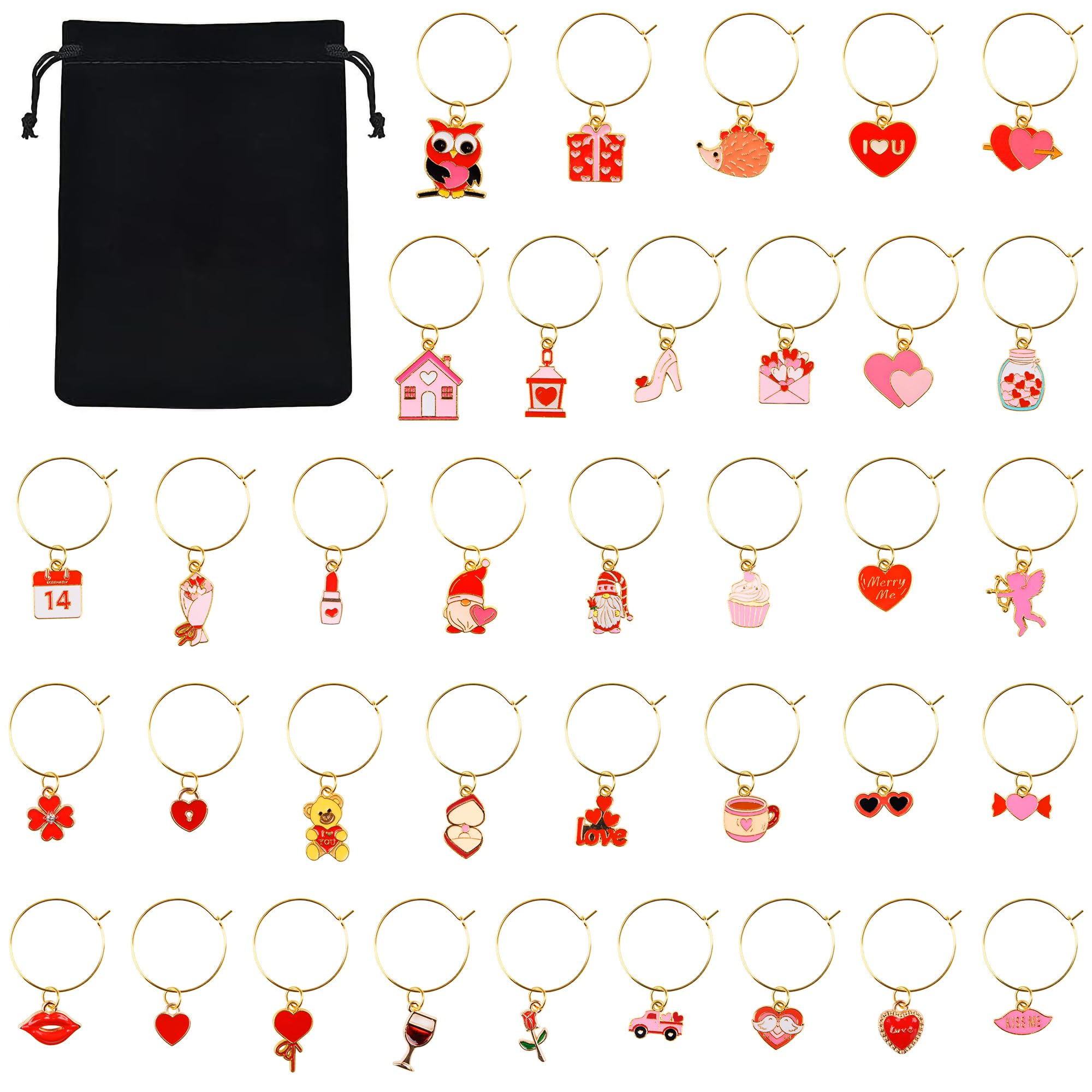 Qumenan 36 Pcs Valentines Wine Glass Charms Stem Glasses Markers for Cocktail Tasting Party Favors Decorations Supplies