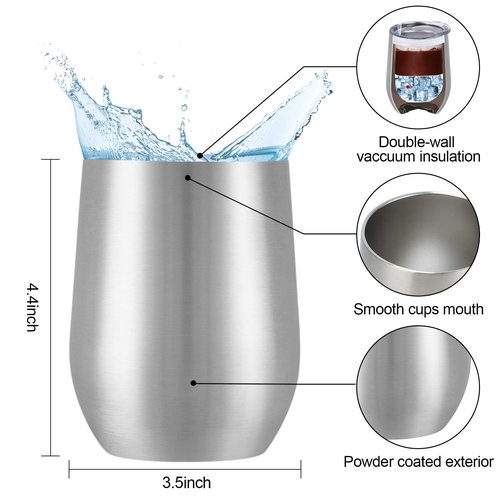 12 Pack Stainless Steel Wine Tumblers, 12Oz Double Wall Vacuum Insulated Wine Tumblers with Lids and Straws, Stainless Steel Stemless Wine Glasses for Coffee, Wine, Cocktails, Champaign, Silver