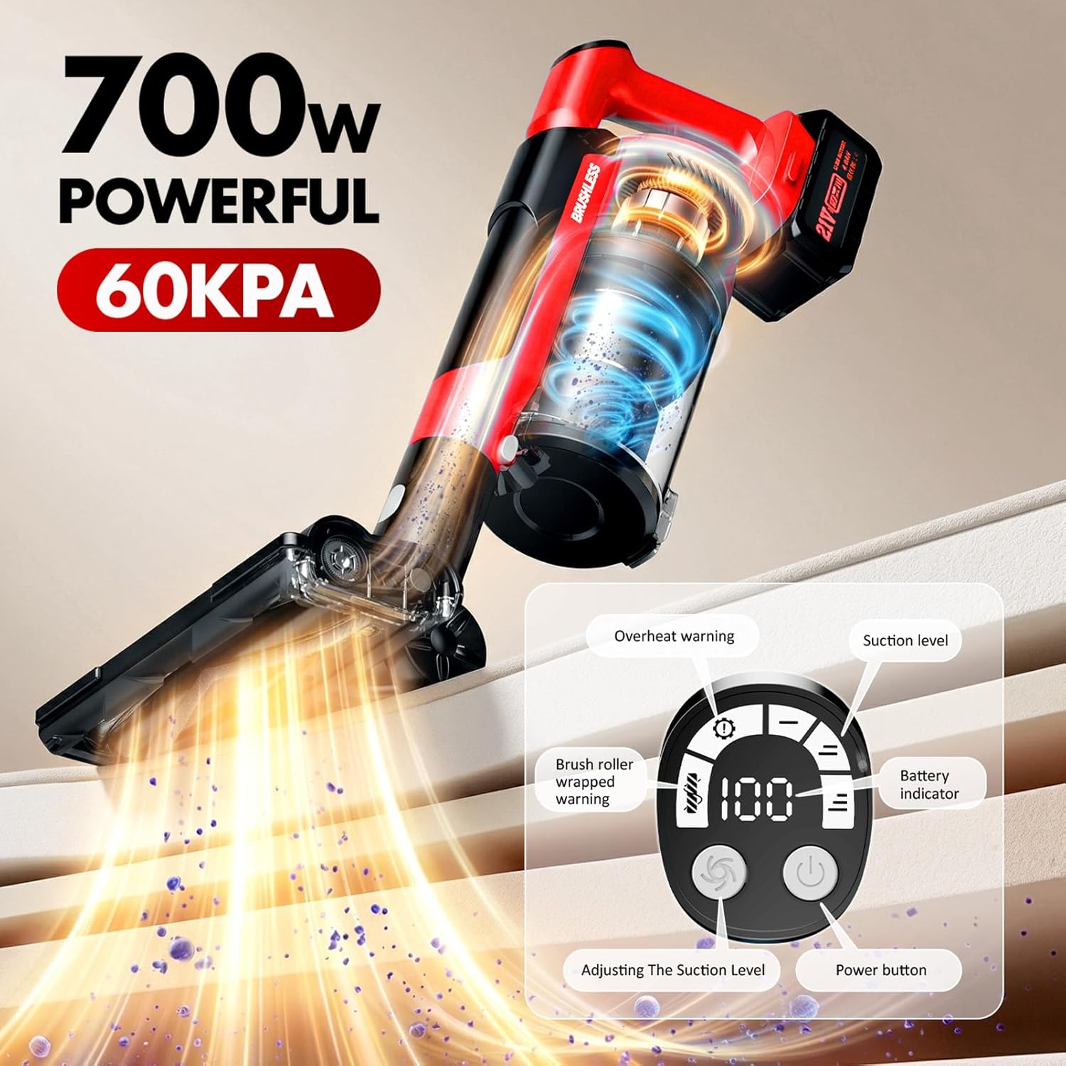 Skiennix Cordless Vacuum Cleaner - 8000mAh Battery, 3 Modes, 6-in-1 Handheld for Pet Hair & Hardwood (Red)