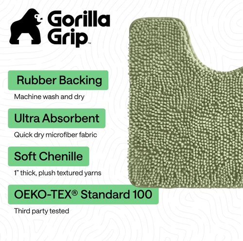 GORILLA GRIP Plush Chenille Bath Rug Mat - Soft Microfiber for Oval Toilet Base, Sage Color, Machine Washable