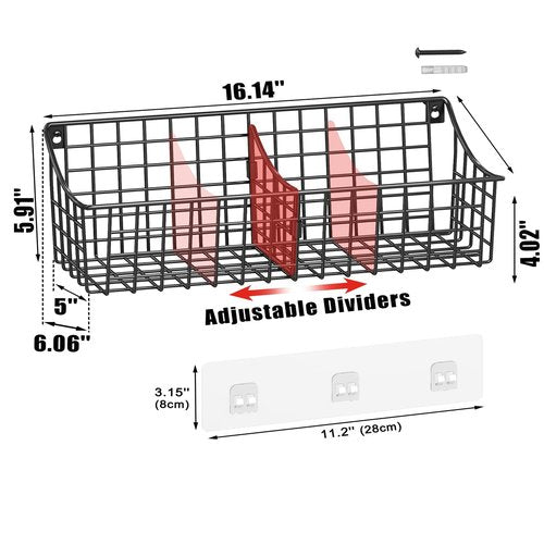 4 Pack EXTRA LARGE Hanging Wall Mount Storage Baskets With Divider, Metal Wire Basket With 4 Strong Adhesive Hooks +5 S Hooks,Organizing Wall Shelf for Home Kitchen Bathroom Pantry Garage RV, Black