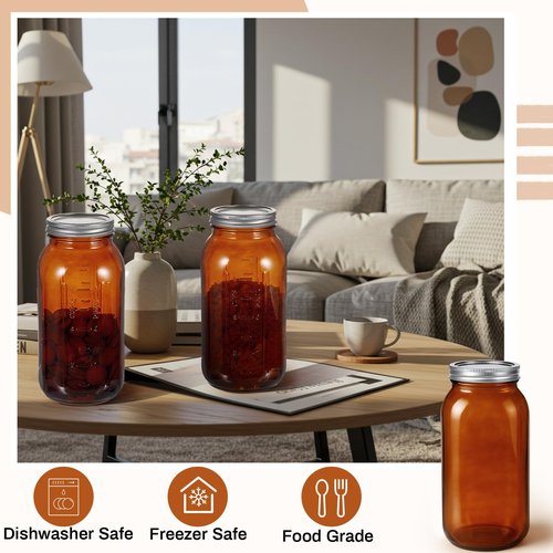 Norme 3 Pcs 64 oz Glass Mason Jars Glass Mason Jars Canning Container Set Embossed Half Gallon Fermenting Container with Airtight Lids for Canning Freezing Preserving Beverages Decor (Amber)