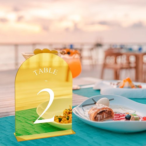 JOYIT Arch Wedding Table Numbers 1-30 with Stands – 5" X 7" Acrylic Mirrored Gold Table Number Holders, Perfect for Wedding Receptions, Parties, Anniversaries, and Events