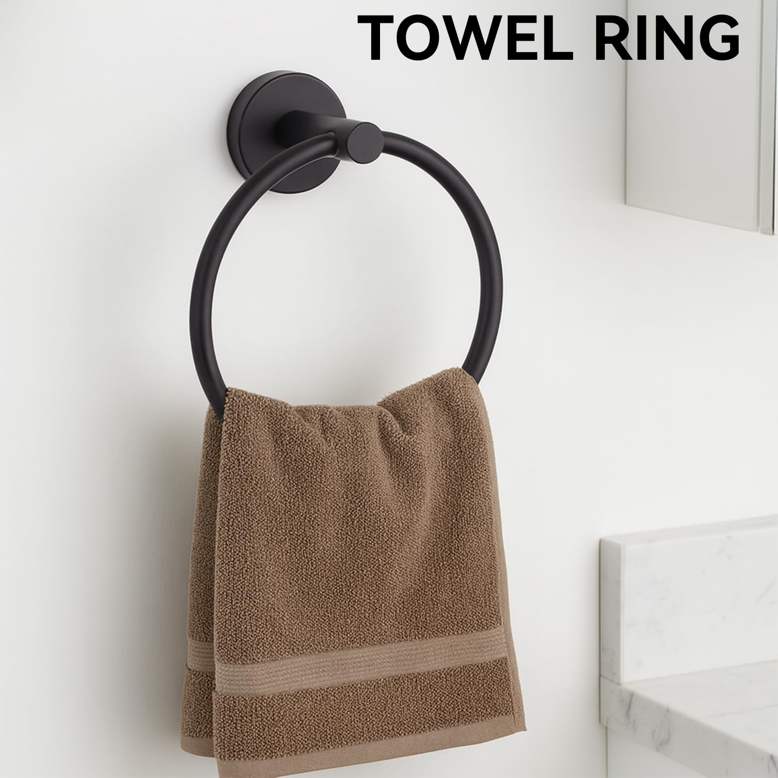 RoDzj Matte Black Bathroom Hardware Set 6-Piece, SUS304 Stainless Steel Bath Accessories Kit, Includes 24" & 16" Towel Bars, Toilet Paper Holder, Towel Ring, 2 Robe Hooks, Wall Mounted Round Style
