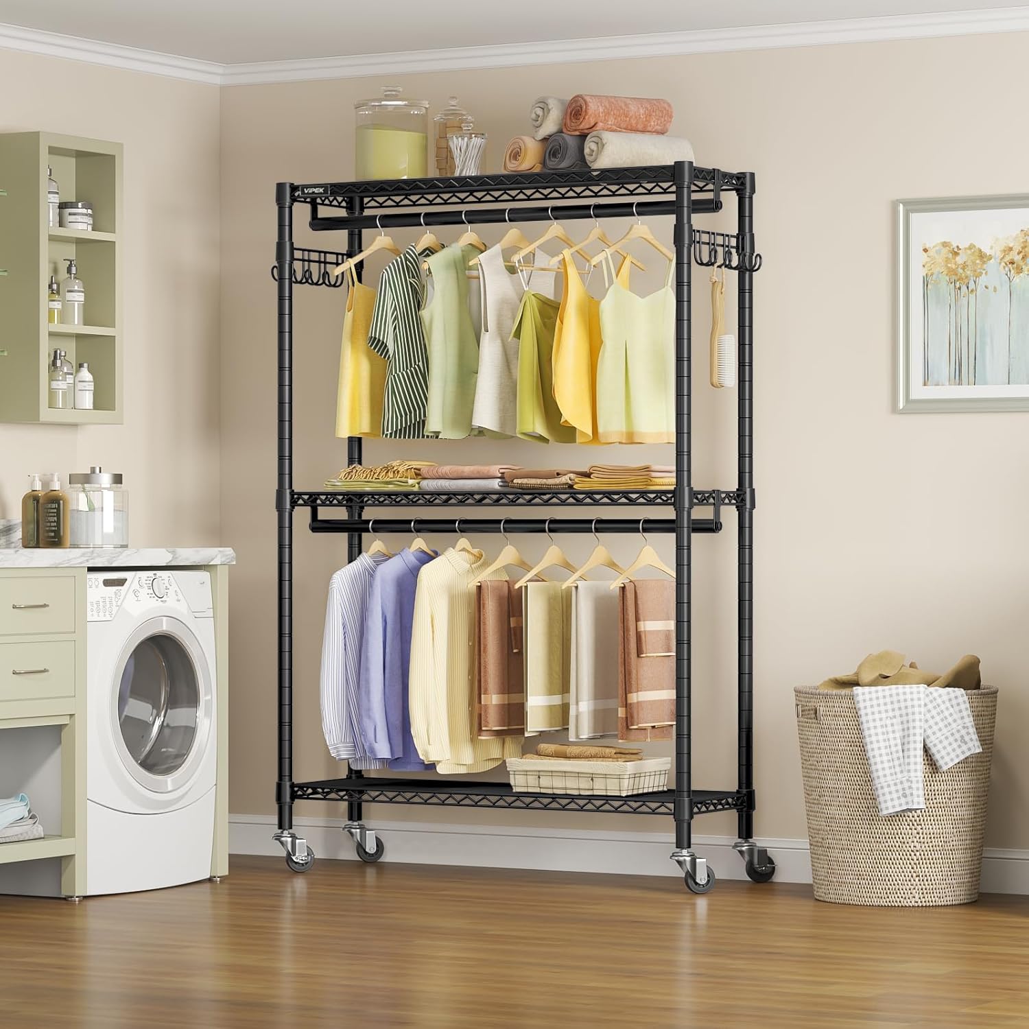 VIPEK R2 Plus Heavy Duty Garment Rack - Adjustable 3-Tier Wire Shelving with Double Rods & Hooks | Black