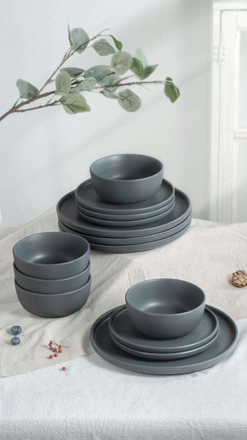 Famiware Dawn Plates and Bowls Sets, 12 Pieces Stoneware Dinnerware Sets, Dishes Set for 4, Microwave and Dishwasher Safe, Speckled Charcoal
