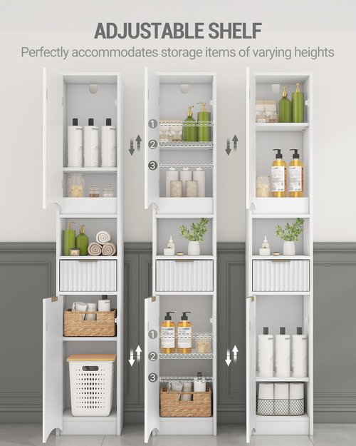 Hzuaneri Tall Bathroom Cabinet, Tall Storage Cabinet with 2 Doors & 1 Drawer, Cabinets with Adjustable Shelves & Wave Doors, Silm Bathroom Cabinets for Living Room, Entryway, Kitchen, White SC33703X