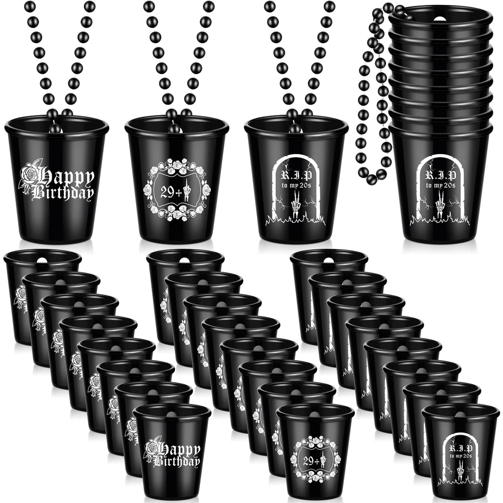 Sasylvia 24 Pcs Rip to My 20s Shot Glass Necklace Death to Twenties 30th Birthday Decorations Dirty Small Plastic Shot Cups Black Funny Birthday Party Favors Gag Gifts for Women Men Him Her