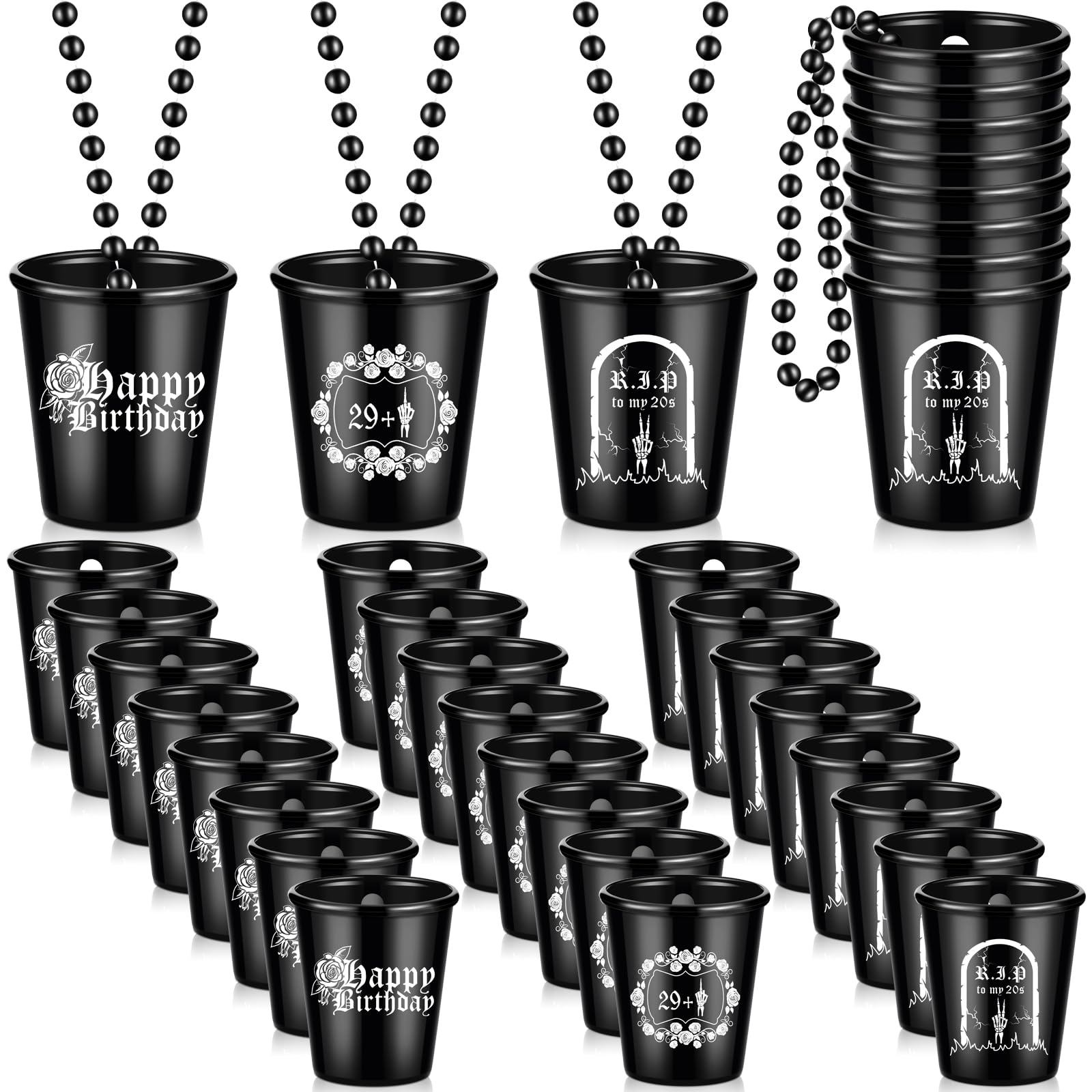 Sasylvia 24 Pcs Rip to My 20s Shot Glass Necklace Death to Twenties 30th Birthday Decorations Dirty Small Plastic Shot Cups Black Funny Birthday Party Favors Gag Gifts for Women Men Him Her