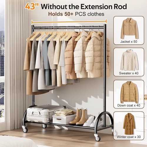 MISSLO Heavy Duty Clothing Rack - Rolling Garment Rack with Wheels for Coats & Dresses | Black