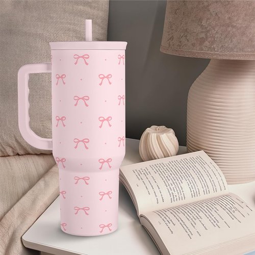 SANDJEST Gift for Women Girls - Coquette Bow Stainless Steel Tumbler with Handle, Travel Coffee Mug - Gifts for Birthday Christmas, 40oz