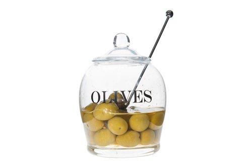 Creative Co-Op Clear Glass "OLIVE" Jar with Lid & Slotted Stainless Steel Spoon (Set of 3 Pieces including Lid)