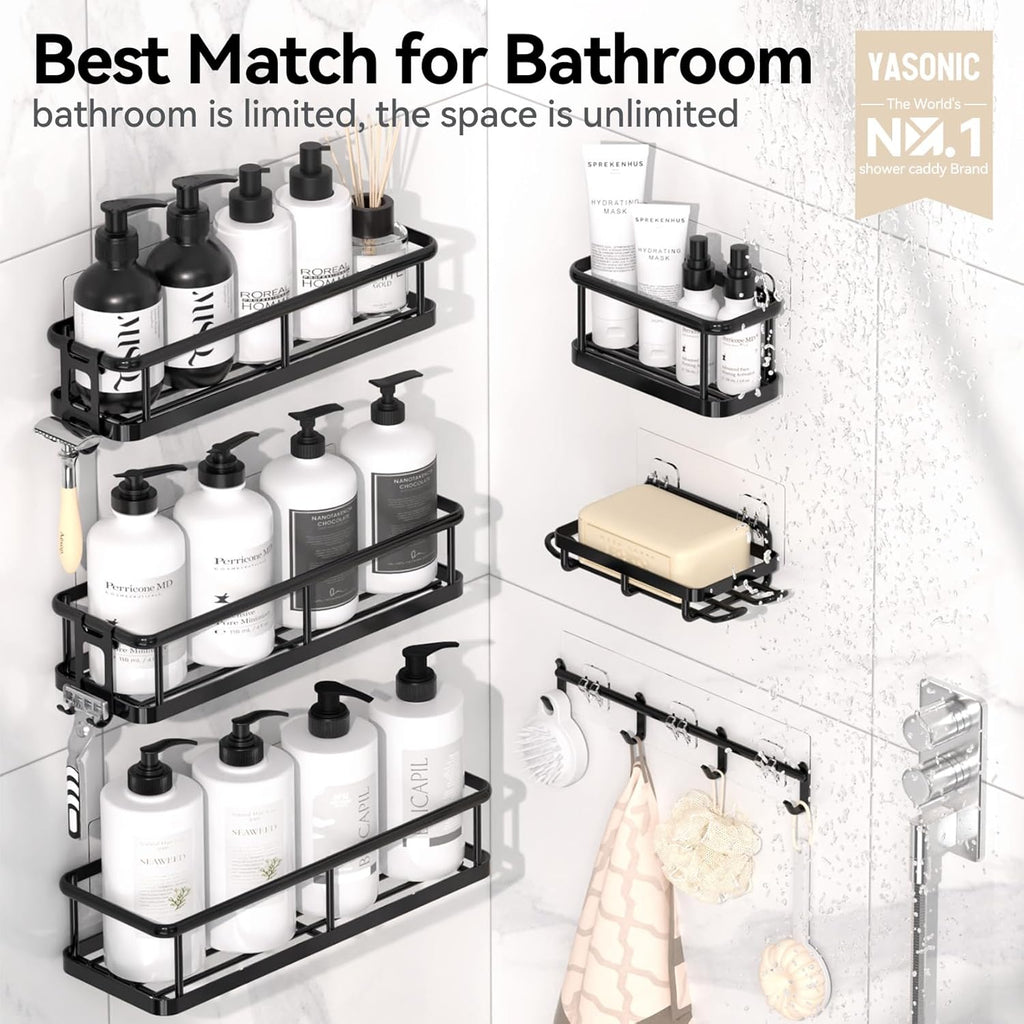 YASONIC Shower Caddy - 100% Rustproof Adhesive Organizer with Soap Holder | 6 Pack Large Capacity Shelves