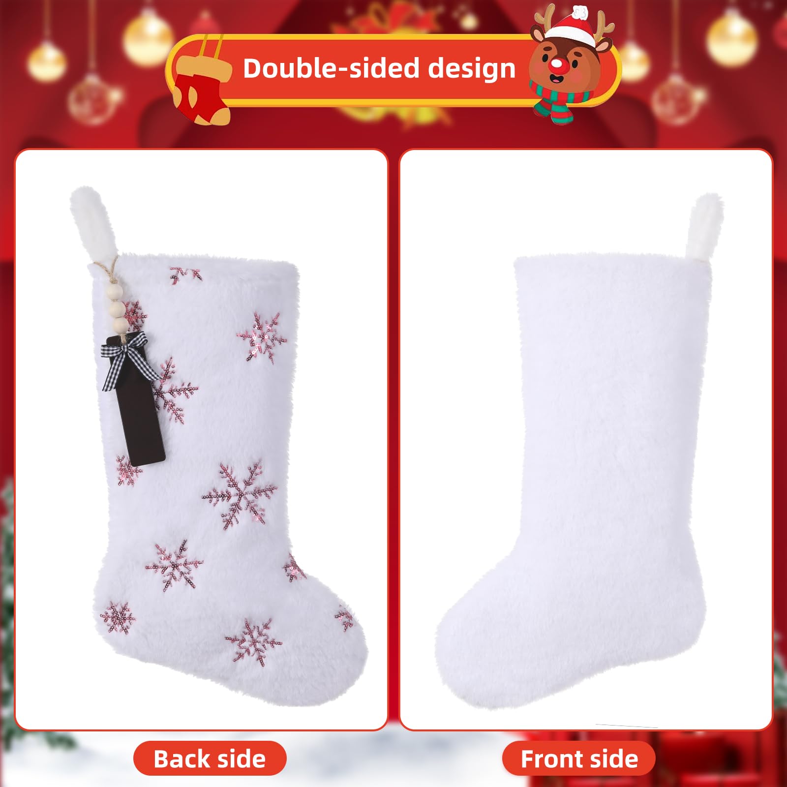 TWSANTAMAS 4PCS White Plush Christmas Stockings, 18 Inch Sequin Embroidered Snowflake Fireplace Hanging Stockings Set with Name Tags for Family Holiday Xmas Party Decorations(Blue Snowflake)