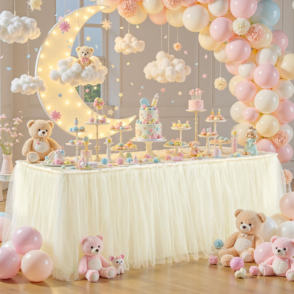 PARTISKY 21FT Length Champagne Tulle Table Skirt for Rectangle Tables 2-Layer Ruffle Tulle Tutu Cloth Desk Table Skirt for Baby Shower Girl Birthday Party Wedding Cake Dessert Decorations