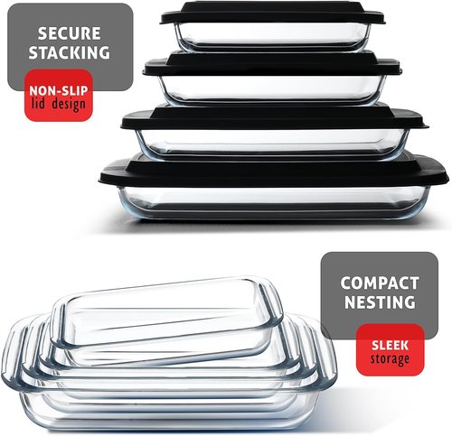 Nestl 8pc Glass Baking Dishes Set - Leakproof Casserole Containers with Lids | Oven & Microwave Safe, 9x13 Black