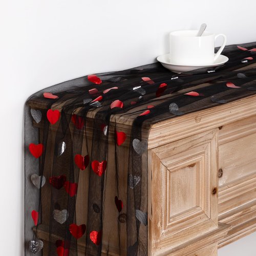DeZerlor Black Table Runner Heart Sequin Cheesecloth Gauze Sheer Table Runner Glitter Metallic Foil for Wedding Bridal Shower Party Decorations