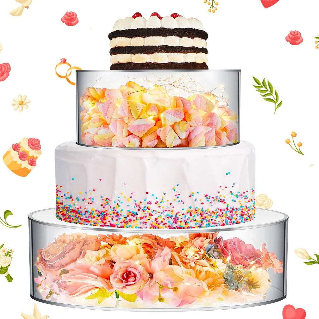 Sunnyray 2 Pcs Acrylic Cake Stands for Dessert Table Clear Fillable Cake Riser Cupcake Tier with LED Strings for Birthday Wedding Holiday Party Display(14'', 16'')