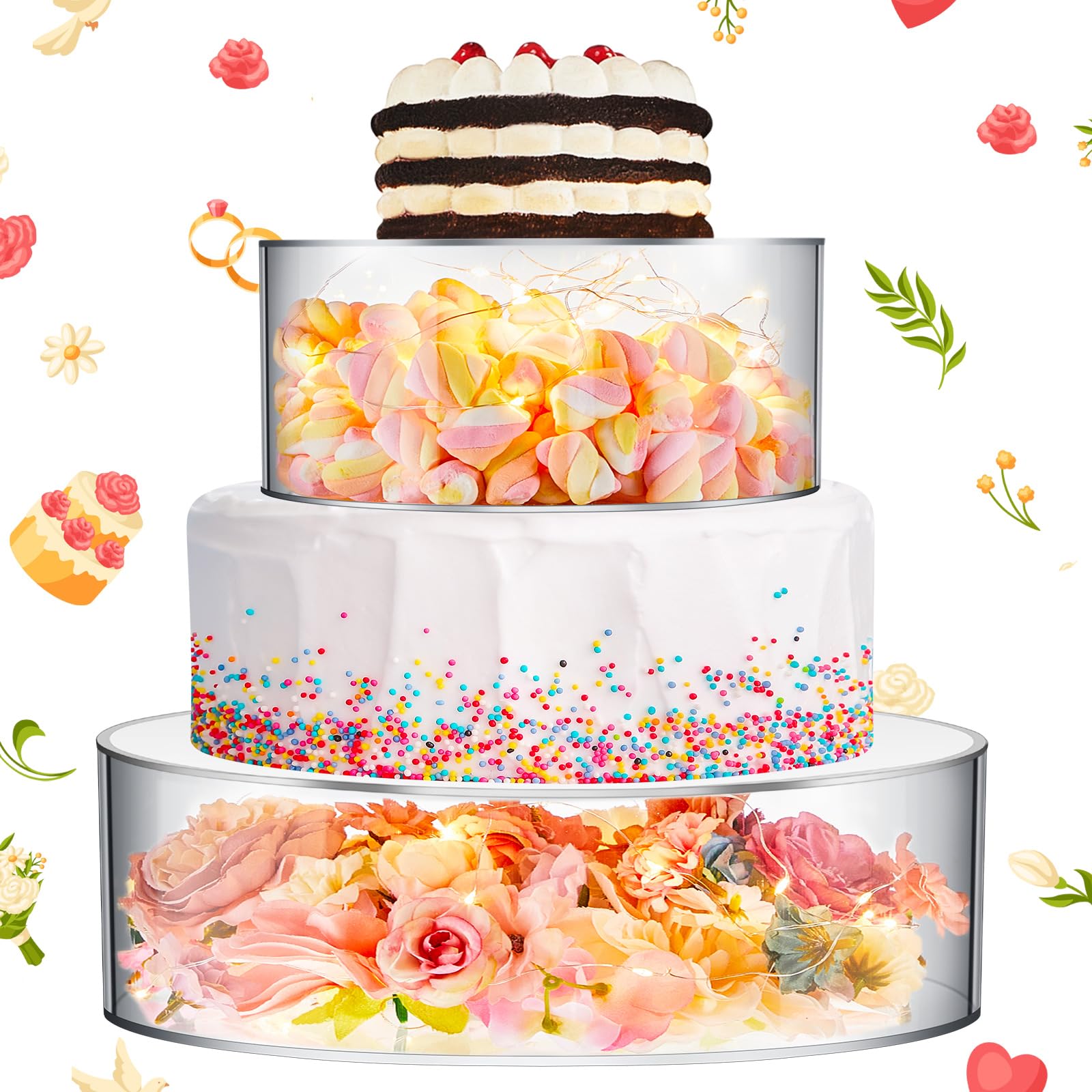 Sunnyray 2 Pcs Acrylic Cake Stands for Dessert Table Clear Fillable Cake Riser Cupcake Tier with LED Strings for Birthday Wedding Holiday Party Display(14'', 16'')