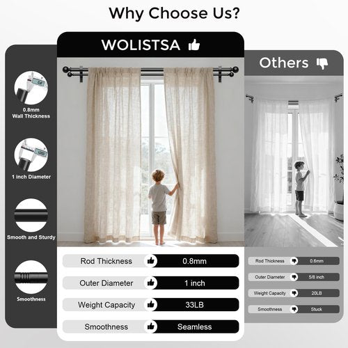Double Curtain Rod, 1 Inch Black Dual Curtain Rods for Windows 48 to 84 Inch, Decorative Adjustable Heavy Duty Telescopic Spliced Window Treatment Rods Set for Bedroom Living Room Farmhouse