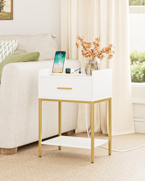 AEPOALUA Nightstand with Charging Station, Modern Bedside Table with Drawer and Legs,White and Gold Night Stand with Open Shelf, Narrow Side Table for Bedroom, Living Room
