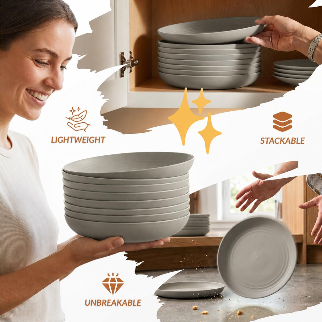 Homienly Deep Dinner Plates Set of 8 Alternative for Plastic Plates Microwave and Dishwasher Safe Wheat Straw Plates for Kitchen, Camping Unbreakable Lightweight Round Plate Set (Grey, 9 inch)
