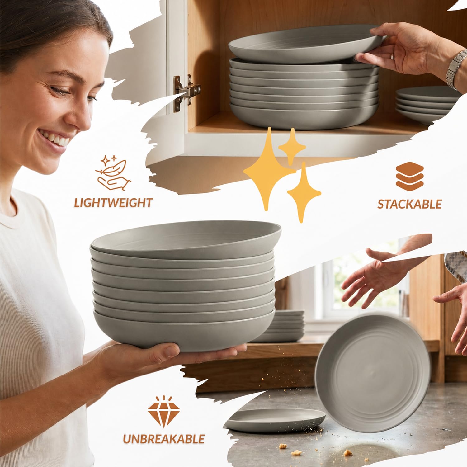 Homienly Deep Dinner Plates Set of 8 Alternative for Plastic Plates Microwave and Dishwasher Safe Wheat Straw Plates for Kitchen, Camping Unbreakable Lightweight Round Plate Set (Grey, 9 inch)